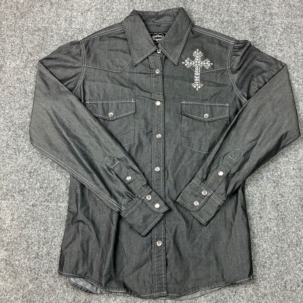 Cowgirl Hardware Womens Size Small Gray Rhinestone Cross Western Snap Shirt